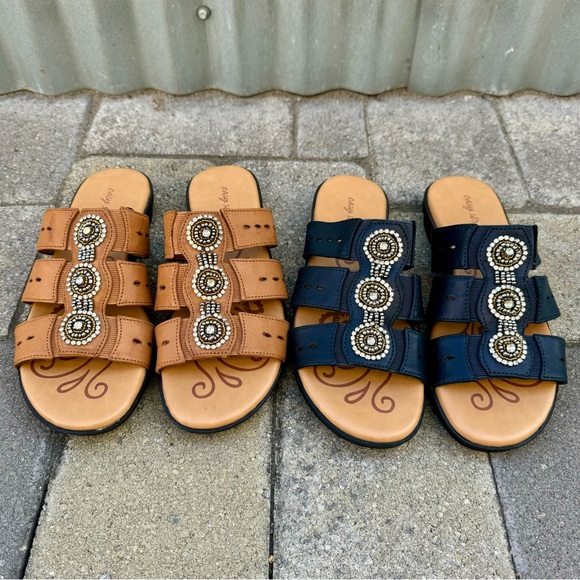 2 Pairs of Open Toe Beaded Rhinestone Flat Slide Sandals - Picture 3 of 12